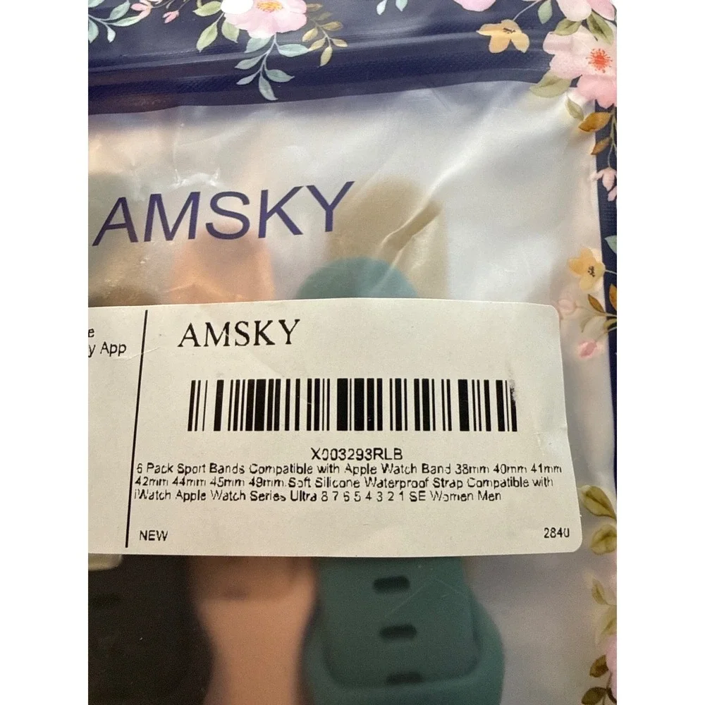 AMSKY 6 Pack Sport Bands for Apple Watch 38-49mm Soft Silicone Waterproof Straps